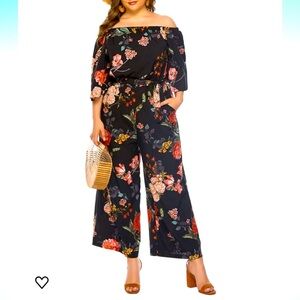 We Love Fashion off shoulder, 3/4 sleeve, wide leg jumpsuit in modern floral, M